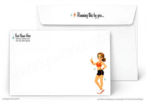 A printed white envelope shown front and back on a white background. The front has placeholder text on the left and an illustration of a woman in athletic wear on the lower right, with the phrase 'Running this by you.