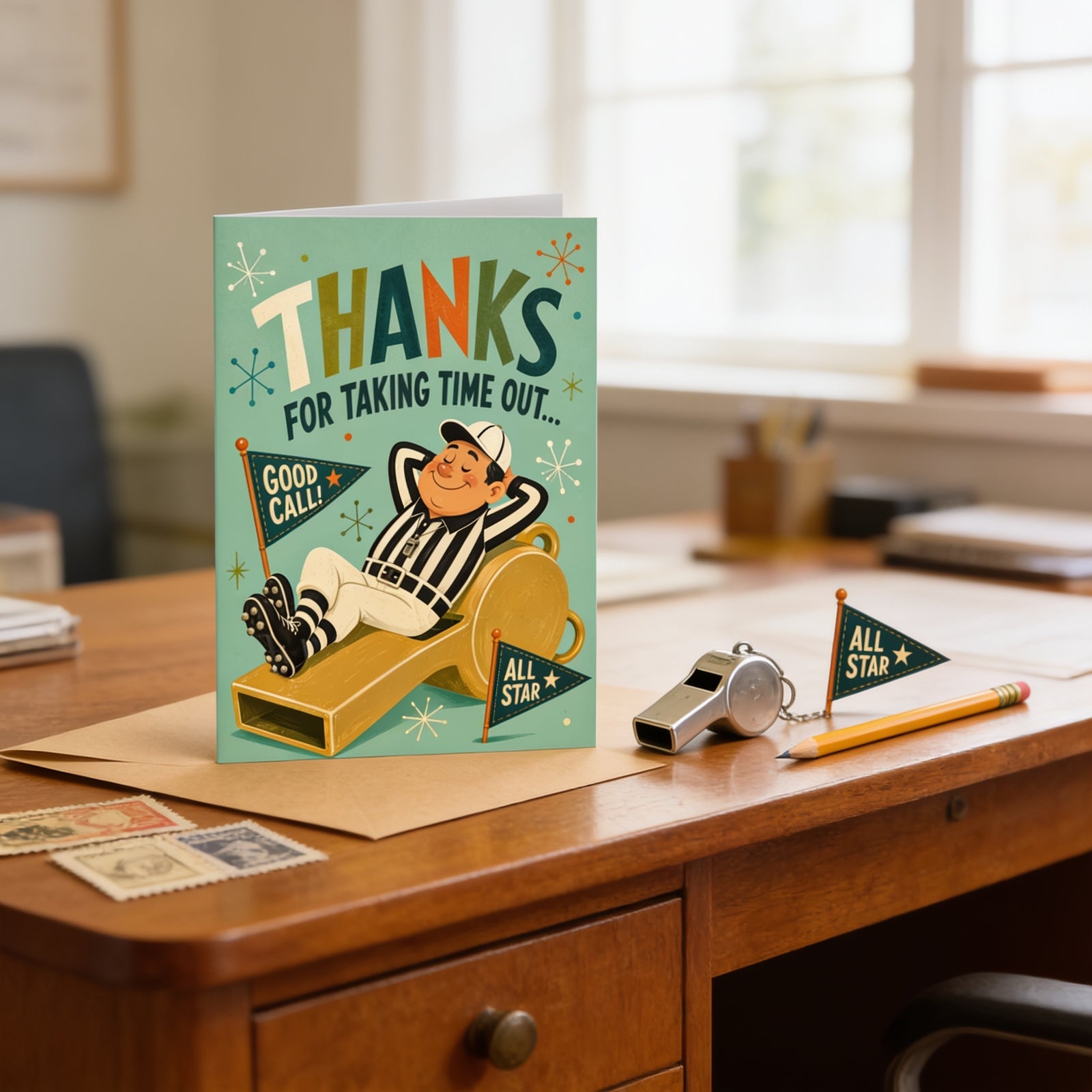 Card with a vintage-style illustration of a referee on a slide, text 'Thanks for taking time out' and 'Good Call! All Star'.