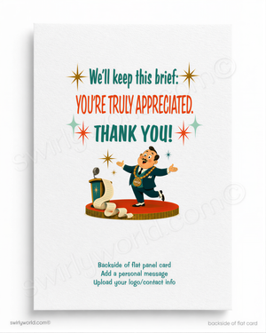 Vintage-style card with a cartoon character on a stage, text 'You're truly appreciated. Thank you!', and decorative elements.