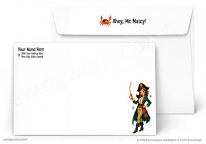 A printed stationery set showing a white envelope with a small orange crab icon and the text 'Ahoy, Me Matey!' on the flap, and a white letterhead envelope with placeholder address text and a pirate character illustration in the lower right corner.