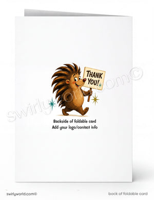 Greeting card with a hedgehog holding a 'Thank You!' sign on a white background