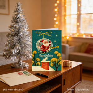 A festive holiday card featuring a Santa Claus figure is displayed on a wooden table, with a silver tinsel tree and a small gift box nearby.