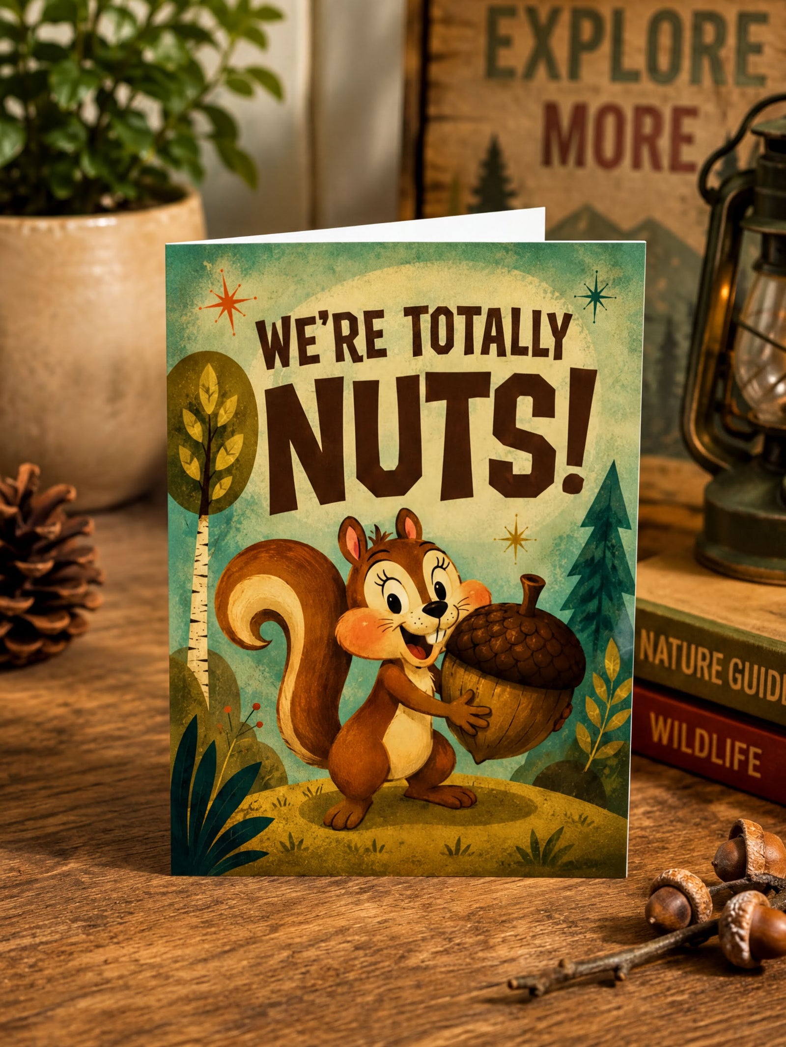 Thank you greeting card with a cartoon squirrel holding an acorn and text 'We're Totally Nuts!' in a forest setting.