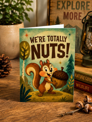 a greeting card with a cartoon squirrel holding an acorn, surrounded by nature elements such as pine cones and plants.