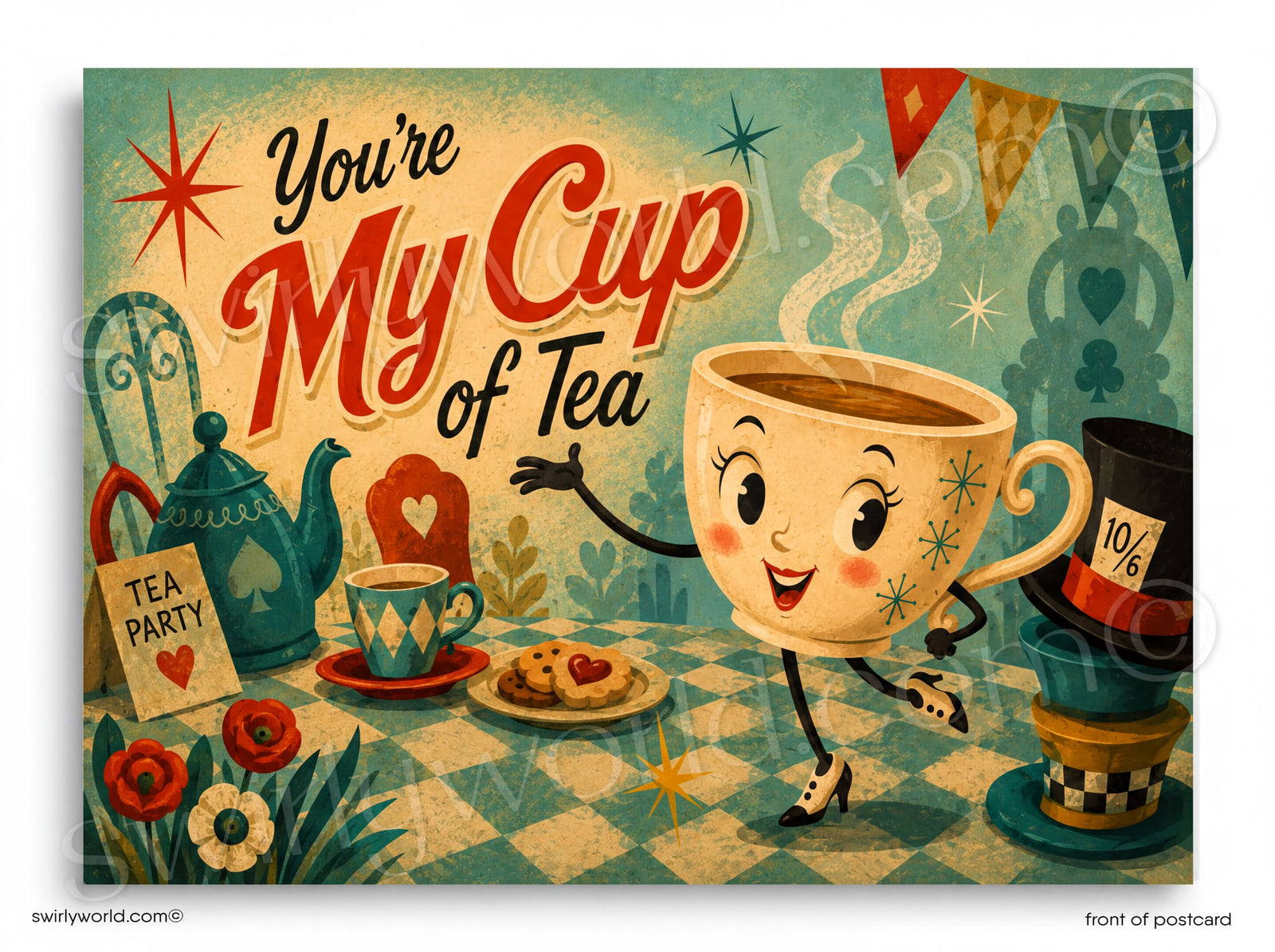 The image is a whimsical illustration featuring a cup character with a face and arms, surrounded by various tea-related objects and decorations, such as a teapot, cups, and a checkered tablecloth.