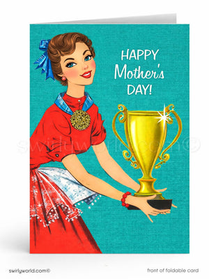 A woman in a red dress holding a trophy, with the text "Happy Mother's Day!" displayed above her.