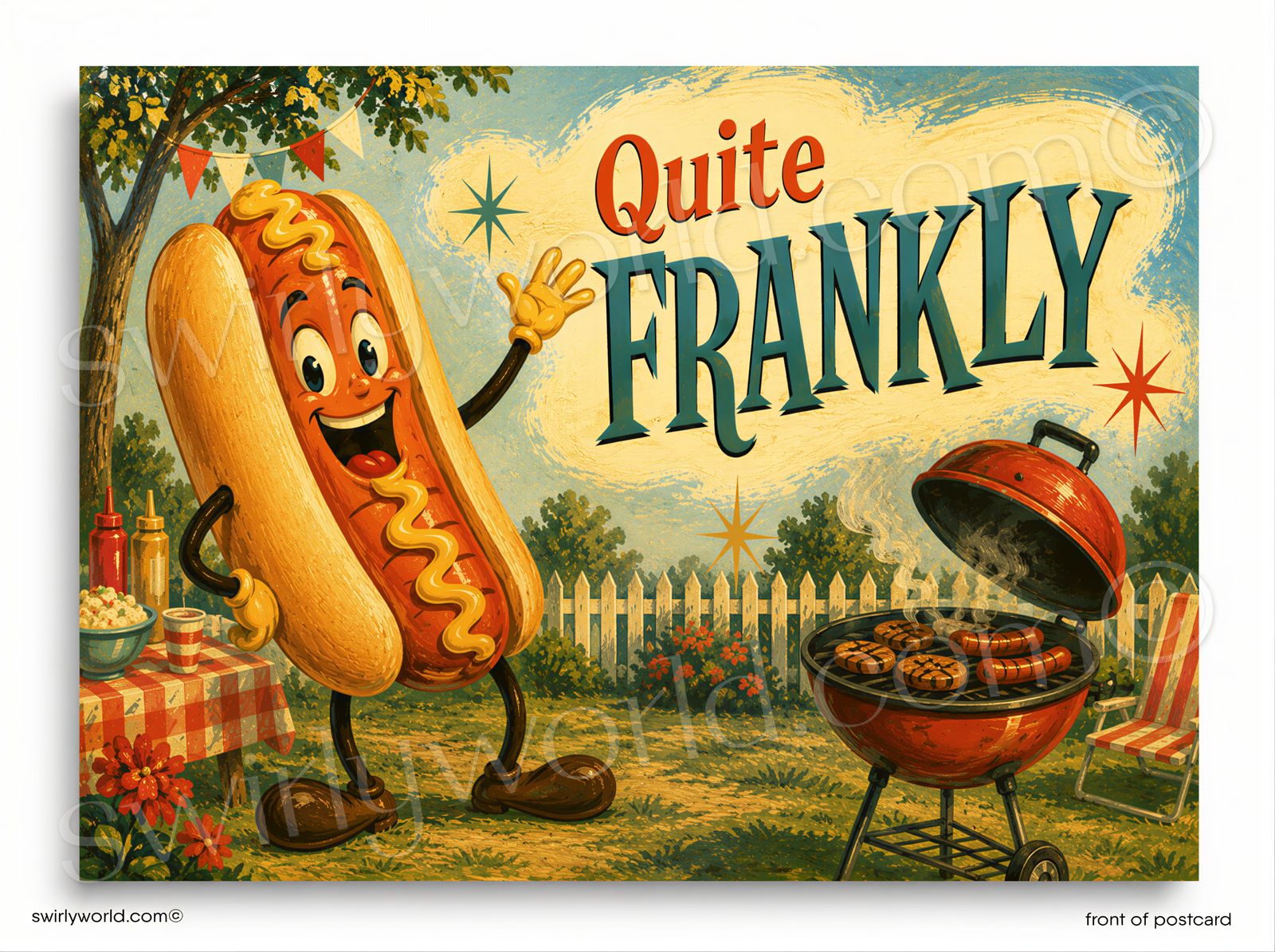 A vintage-style illustrated postcard or print showing a smiling hot dog character waving beside a red grill, with the text 'Quite FRANKLY' in large decorative letters. The scene includes a backyard picnic setup, trees, flowers, and a picket fence.
