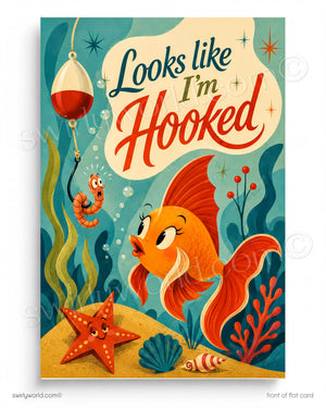 Illustration of a fish and a crab with text 'Looks like I'm Hooked' underwater scene.
