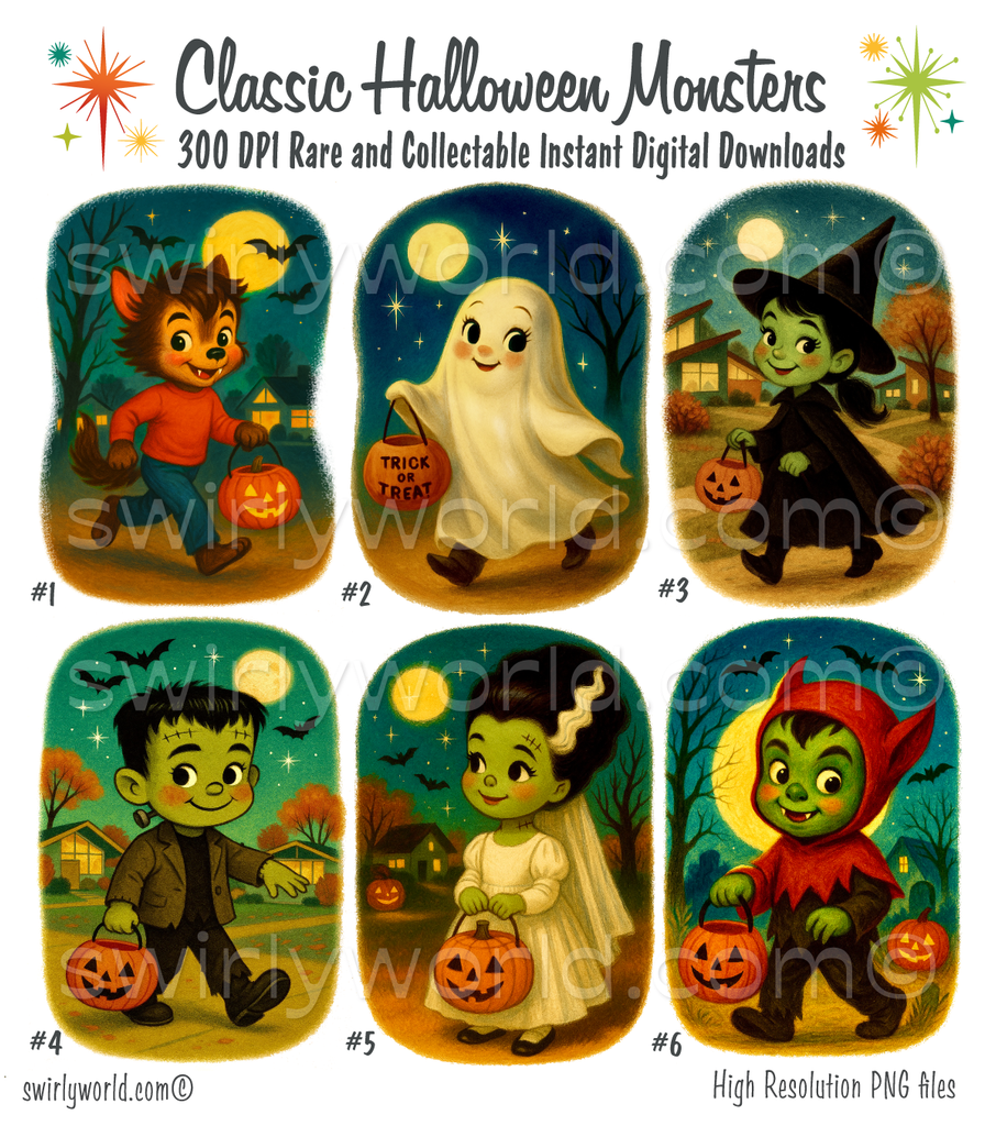 Collection of rare vintage classic Halloween monsters like Frankenstein, Bride of Frankenstein, Wicked Witch, Werewolf, Ghost, and Ghoul trick or treating in a mid-century modern Eichler neighborhood.