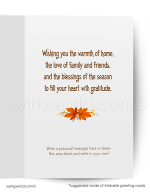 Greeting card with autumn-themed message and leaf design on a white background
