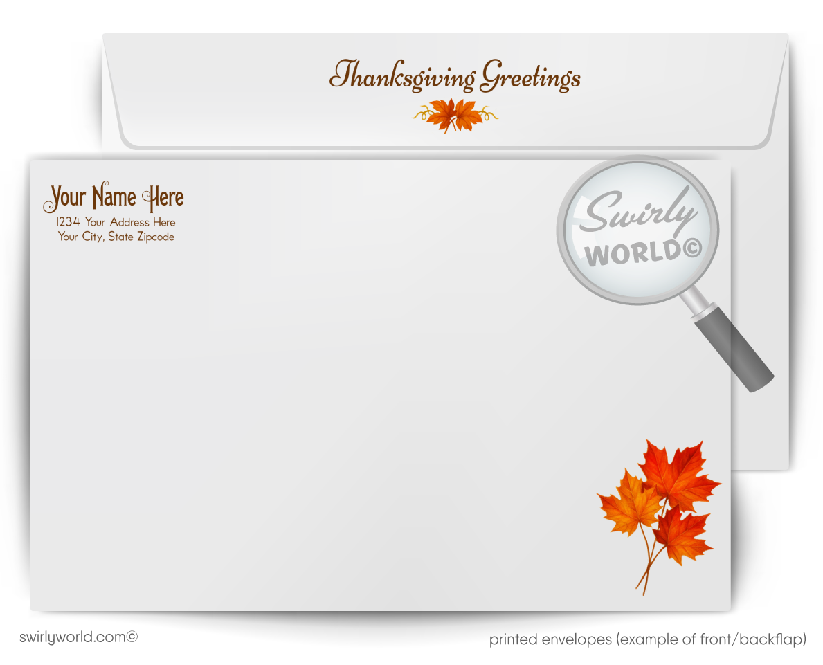 Thanksgiving-themed printed envelopes with Swirly World branding and leaf designs.