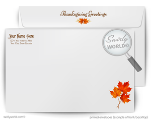 Thanksgiving-themed printed envelopes with Swirly World branding and leaf designs.