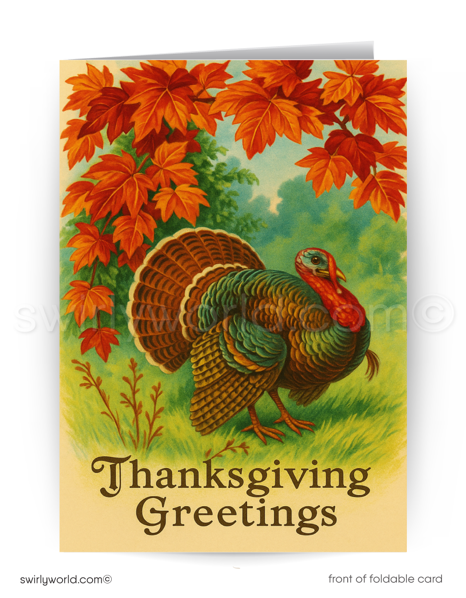 Vintage-style Thanksgiving greeting card with a turkey and autumn leaves.