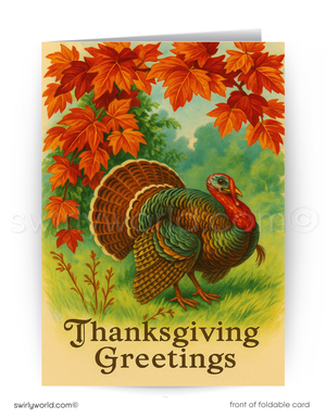Vintage-style Thanksgiving greeting card with a turkey and autumn leaves.