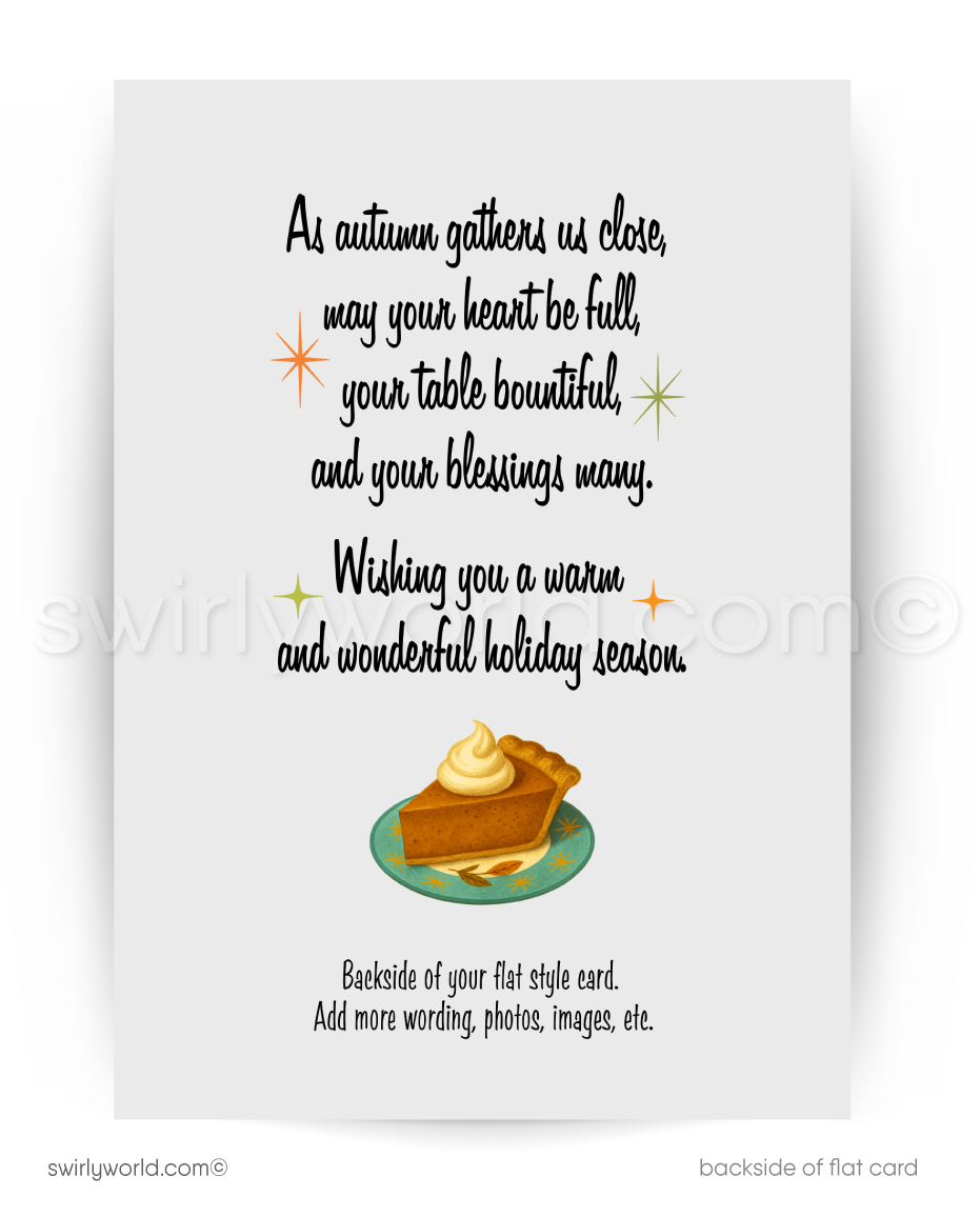 Backside of a flat card with a slice of pie and autumn-themed text on a white background.