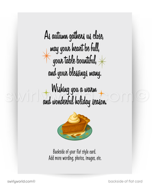 Backside of a flat card with a slice of pie and autumn-themed text on a white background.