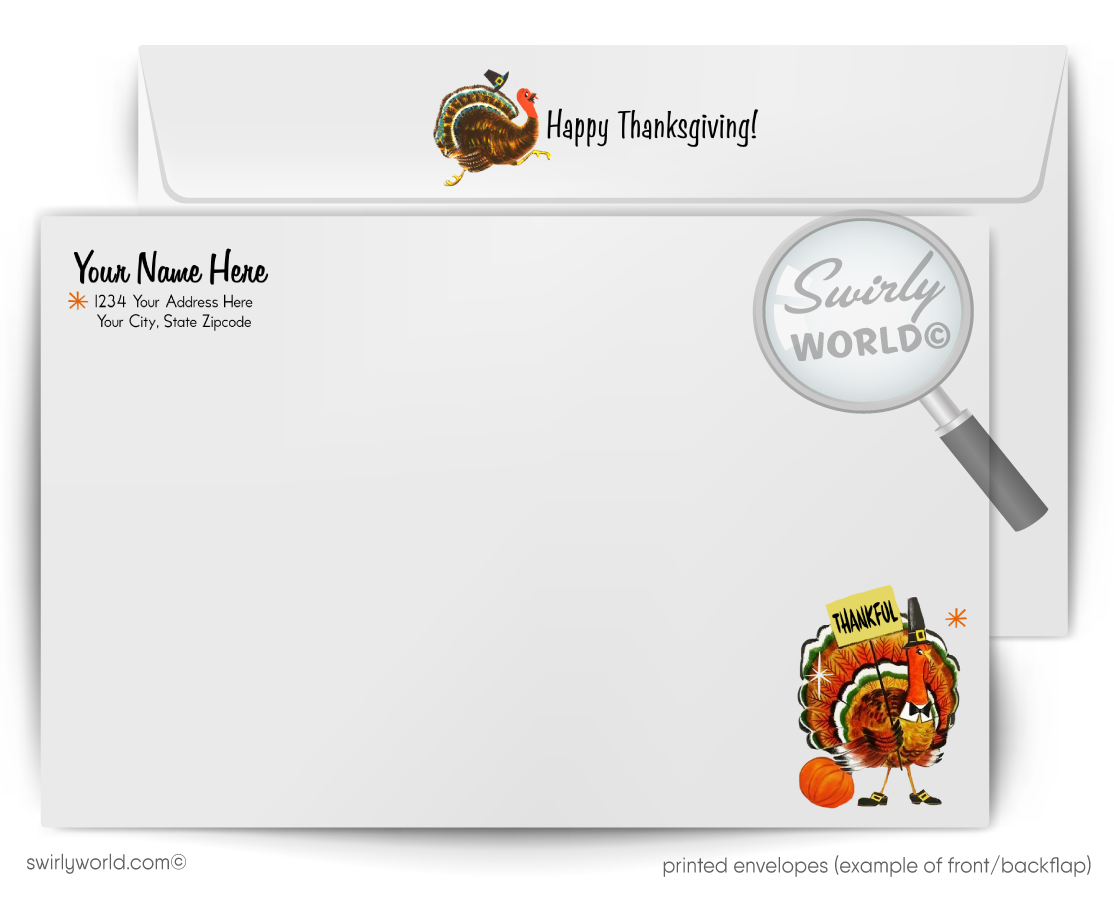 Thanksgiving-themed envelope with a turkey design and 'Happy Thanksgiving!' text.