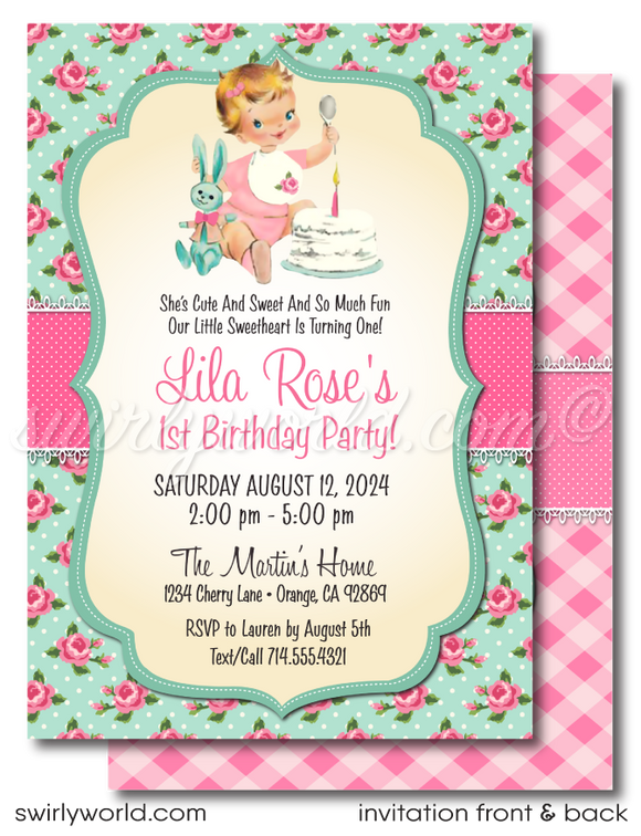 1950s Vintage Kitsch Retro Baby Girl 1st Birthday Invitation Digital Download Bundle