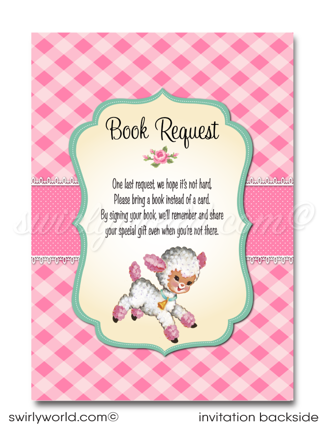 vintage retro baby lamb book request poem card for girl's 1st birthday invitations