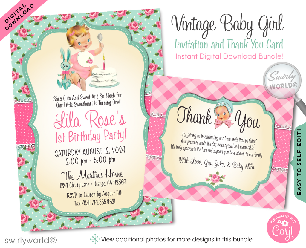 1950s Vintage Kitsch Retro Baby Girl 1st Birthday Invitation Digital Download Bundle