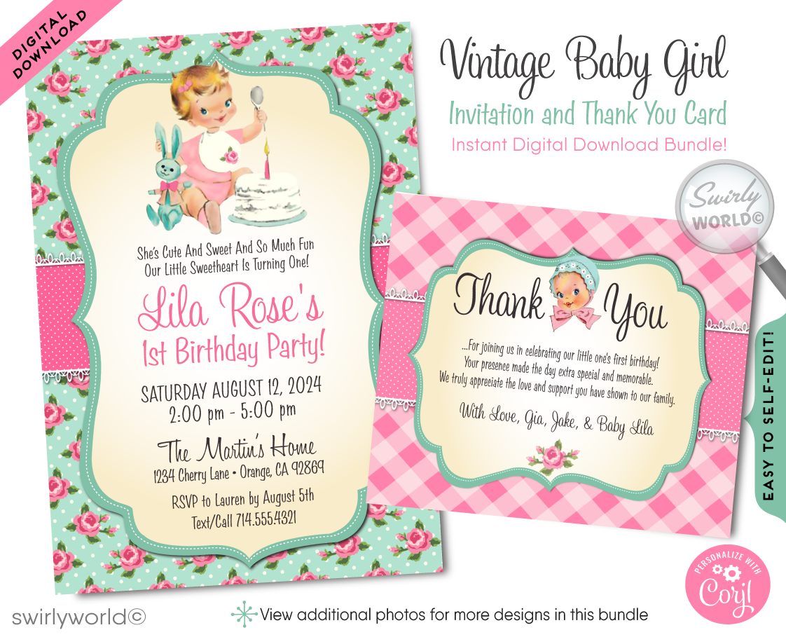 1950s Vintage Kitsch Retro Baby Girl 1st Birthday Invitation Digital Download Bundle