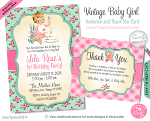 1950s Vintage Kitsch Retro Baby Girl 1st Birthday Invitation Digital Download Bundle