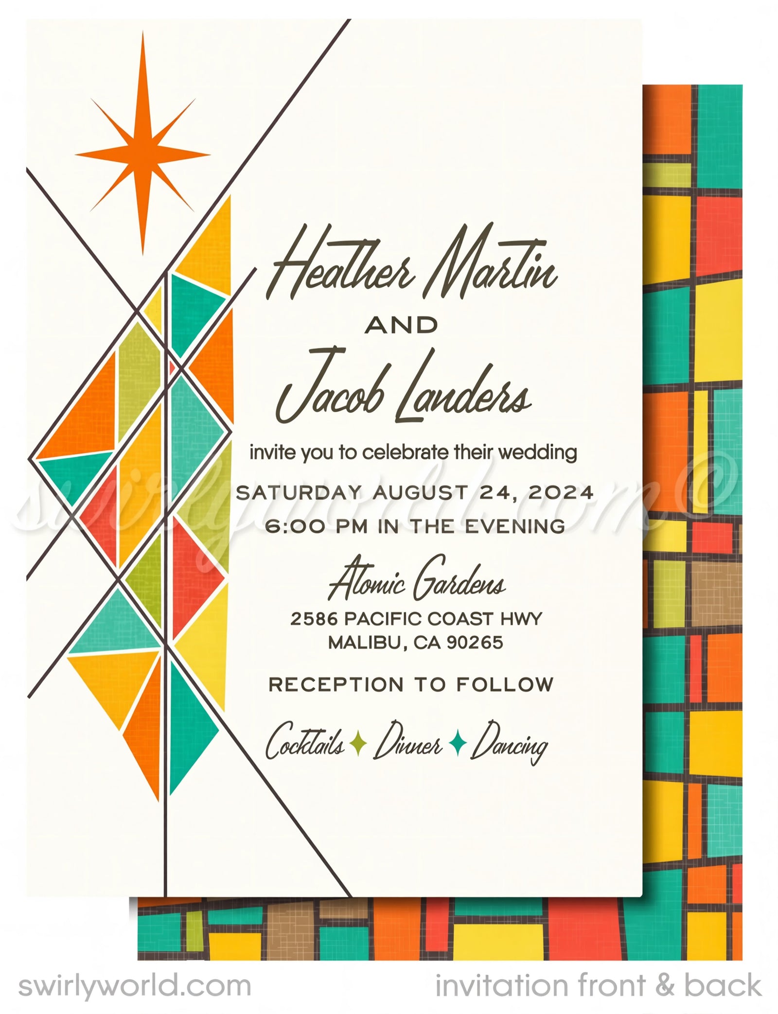 This elegant & swanky 1960s mid-century modern wedding invitation and RSVP card digital download features a chic MCM retro mod Palm Springs aesthetic with atomic-inspired colors and starbursts.