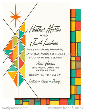 This elegant & swanky 1960s mid-century modern wedding invitation and RSVP card digital download features a chic MCM retro mod Palm Springs aesthetic with atomic-inspired colors and starbursts.