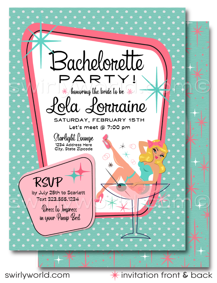 Step into the vibrant world of mid-century modern glamour with our Retro, Mid-Century Style Powder Pink and Aqua Blue Rockabilly Pin-up Girl Bachelorette Party Invitations and Thank You Cards—a collection that encapsulates the essence of 1950-1960s design.