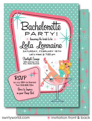 Step into the vibrant world of mid-century modern glamour with our Retro, Mid-Century Style Powder Pink and Aqua Blue Rockabilly Pin-up Girl Bachelorette Party Invitations and Thank You Cards—a collection that encapsulates the essence of 1950-1960s design.