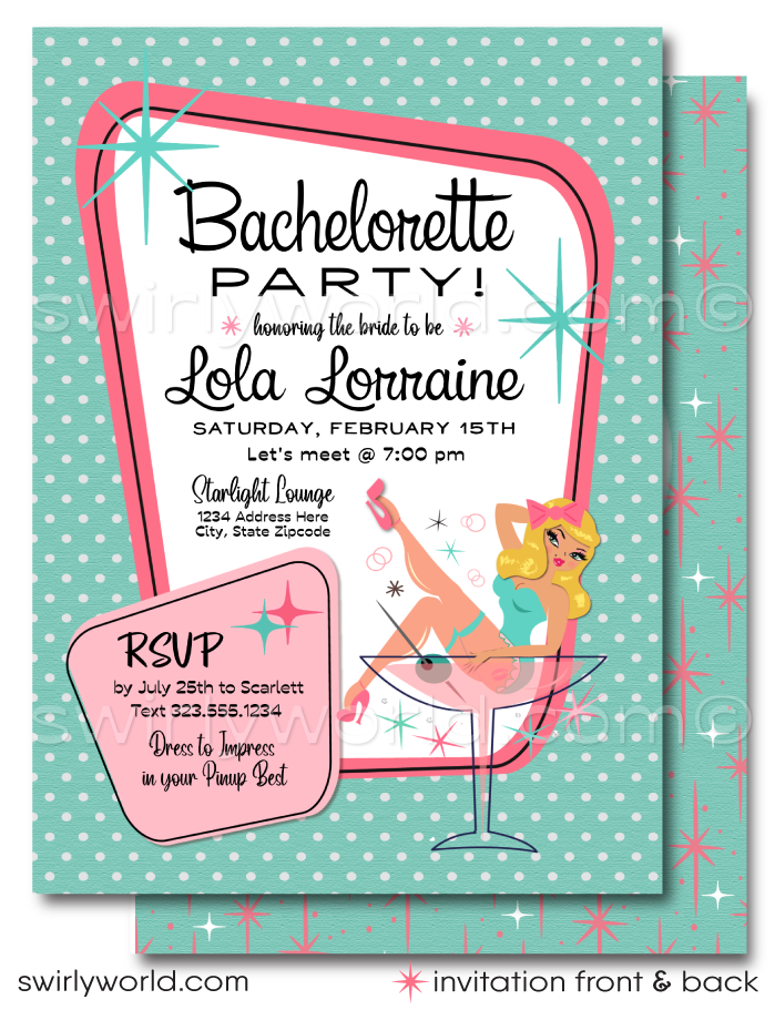 Aqua and Powder Pink Rockabilly Pin-up Girl Bachelorette Party Invitat - swirly-world-design Aqua and Powder Pink Rockabilly Pin-up Girl Bachelorette Party Invitat - swirly-world-design