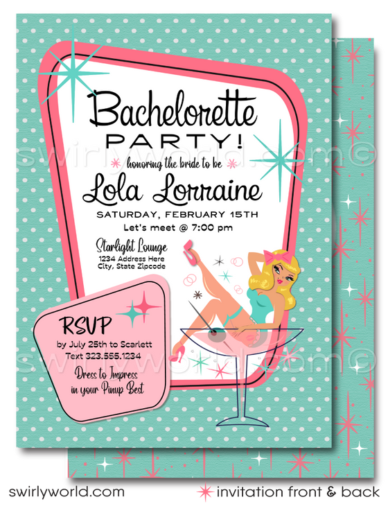 Step into the vibrant world of mid-century modern glamour with our Retro, Mid-Century Style Powder Pink and Aqua Blue Rockabilly Pin-up Girl Bachelorette Party Invitations and Thank You Cards—a collection that encapsulates the essence of 1950-1960s design.