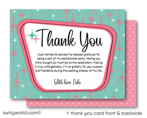 Step into the vibrant world of mid-century modern glamour with our Retro, Mid-Century Style Powder Pink and Aqua Blue Rockabilly Pin-up Girl Bachelorette Party Invitations and Thank You Cards—a collection that encapsulates the essence of 1950-1960s design.