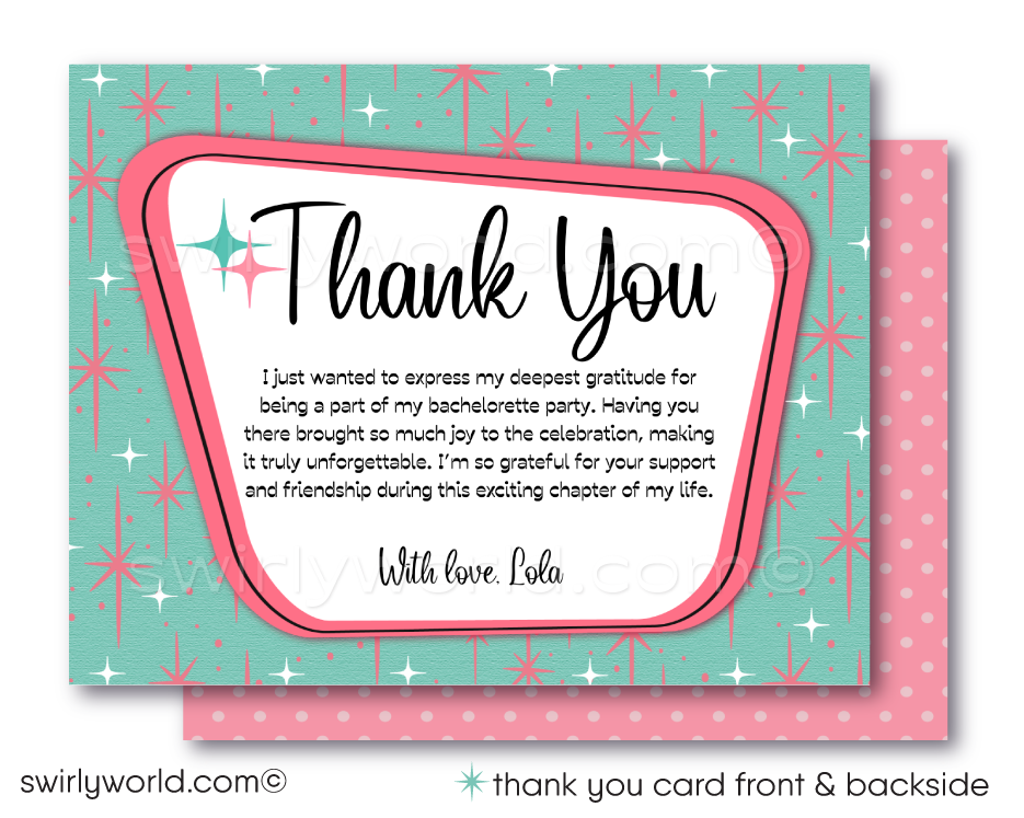 Step into the vibrant world of mid-century modern glamour with our Retro, Mid-Century Style Powder Pink and Aqua Blue Rockabilly Pin-up Girl Bachelorette Party Invitations and Thank You Cards—a collection that encapsulates the essence of 1950-1960s design.