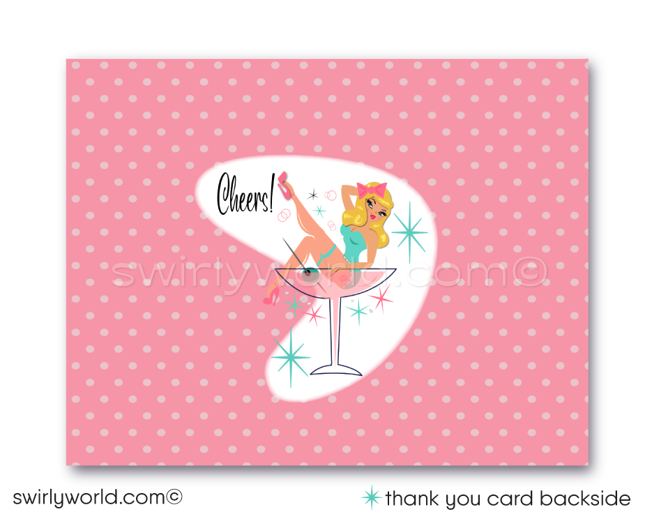 Aqua & Powder Pink Rockabilly Pin-up Girl Bachelorette Party Printed Invitation & Thank You