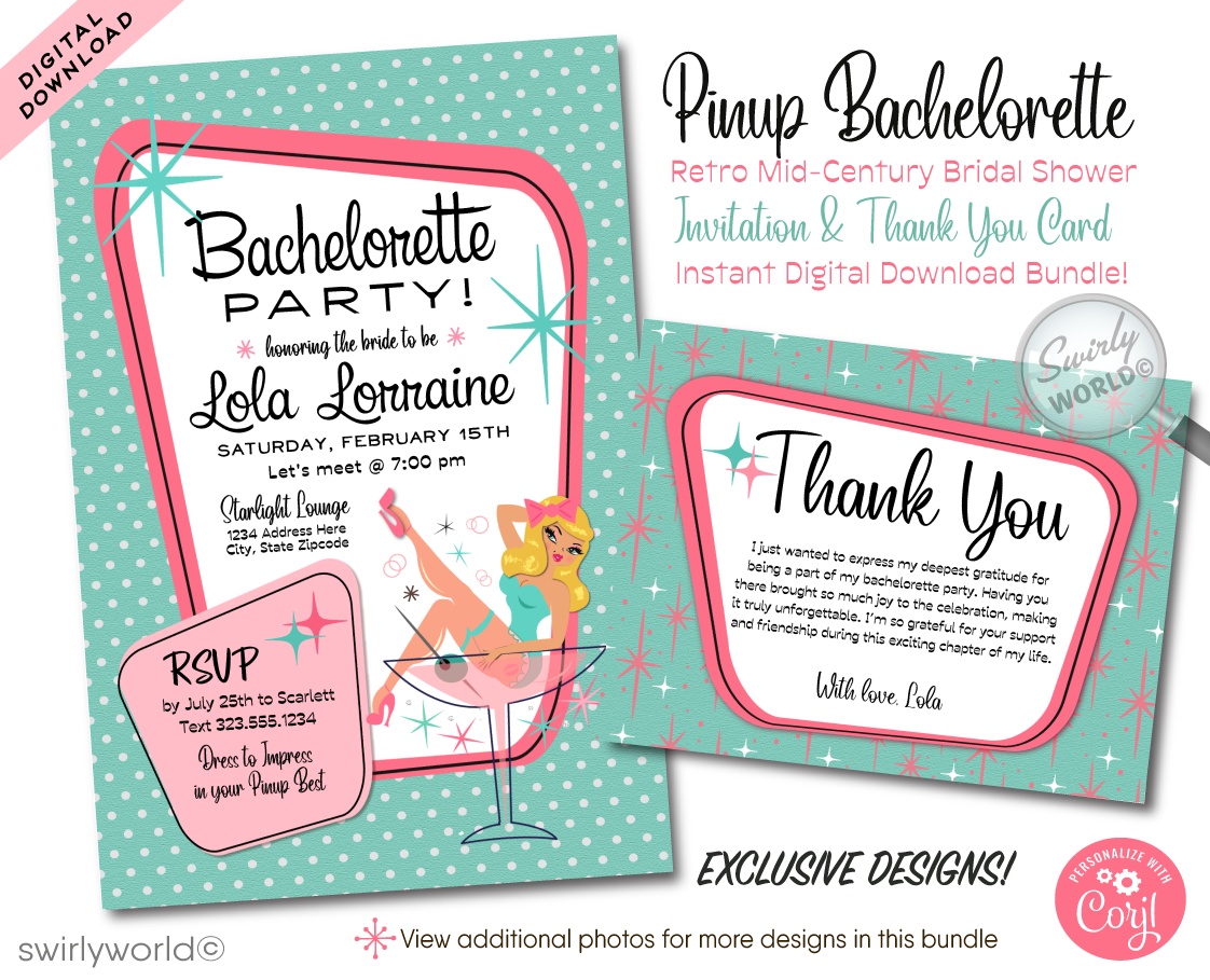 Step into the vibrant world of mid-century modern glamour with our Retro, Mid-Century Style Powder Pink and Aqua Blue Rockabilly Pin-up Girl Bachelorette Party Invitations and Thank You Cards—a collection that encapsulates the essence of 1950-1960s design.