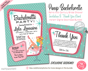 Step into the vibrant world of mid-century modern glamour with our Retro, Mid-Century Style Powder Pink and Aqua Blue Rockabilly Pin-up Girl Bachelorette Party Invitations and Thank You Cards—a collection that encapsulates the essence of 1950-1960s design.