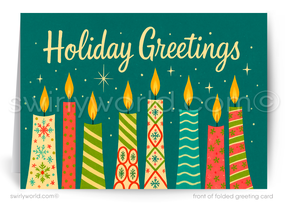Customizable Mid-Century Christmas Card with Atomic Starburst Candles and Retro Typography