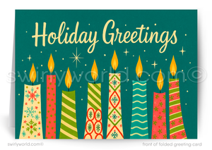 Customizable Mid-Century Christmas Card with Atomic Starburst Candles and Retro Typography