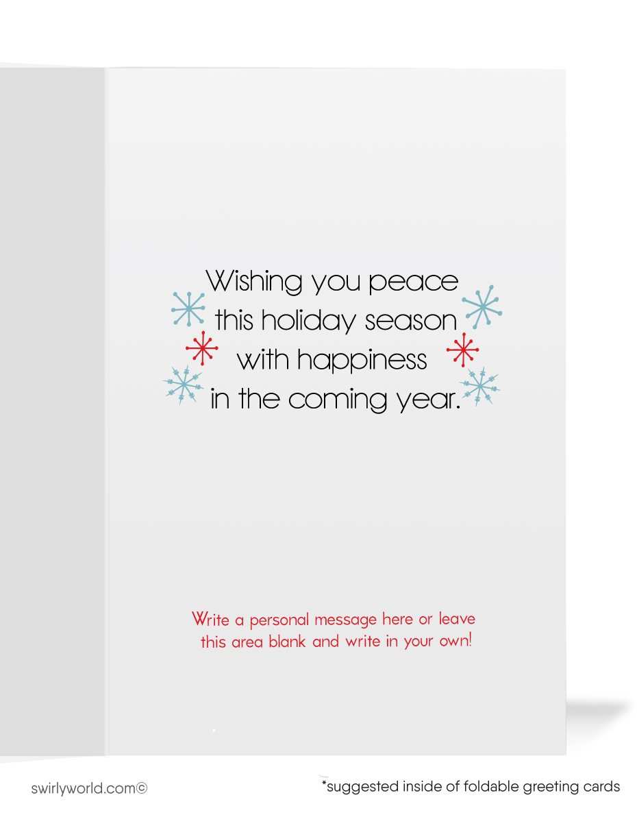 Step back in time with our exclusive vintage mid-century modern holiday greeting cards, filled with the charm of a cherished era. This unique design showcases Santa Claus leaving food out for a shy reindeer hiding behind snowcapped trees. Personalize this design with your custom wording.