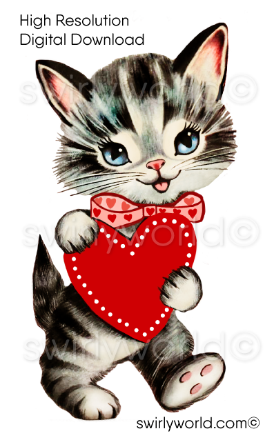 1950s-1960s mid-century vintage Kitten Cat Holding Red Heart Valentine's Day images for digital download. Cute and kitschy retro very RARE Valentine illustrations that have been digitally restored.