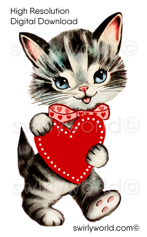 1950s-1960s mid-century vintage Kitten Cat Holding Red Heart Valentine's Day images for digital download. Cute and kitschy retro very RARE Valentine illustrations that have been digitally restored.