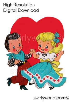 Rare collection of retro mid-century vintage Country Western Squaredancers Valentine's Day images featuring kitschy illustrations of cute couples with hearts and retro atomic starbursts.