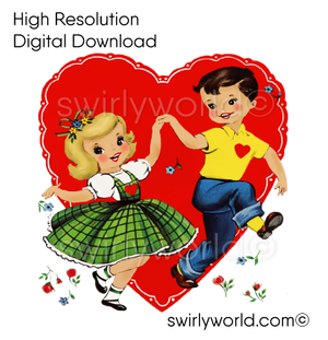 Rare drawing of retro mid-century vintage Valentine's Day images featuring kitschy illustrations of cute couples with hearts and retro atomic starbursts.