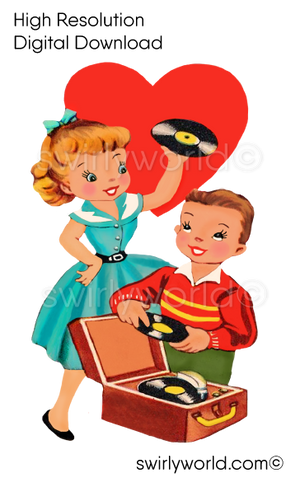 Rare drawing of retro mid-century vintage Valentine's Day images featuring kitschy illustrations of cute couples with hearts, vinyl records, and retro atomic starbursts.