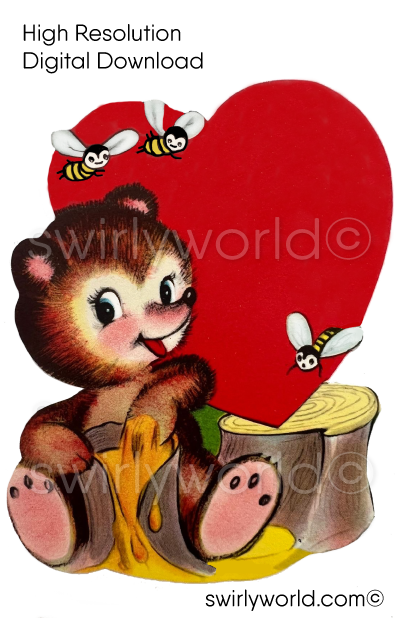 1950s-1960s mid-century vintage Honey Bear with Bees Red Heart Valentine's Day images for digital download. Cute and kitschy retro very RARE Valentine illustrations that have been digitally restored.