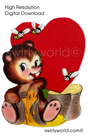1950s-1960s mid-century vintage Honey Bear with Bees Red Heart Valentine's Day images for digital download. Cute and kitschy retro very RARE Valentine illustrations that have been digitally restored.