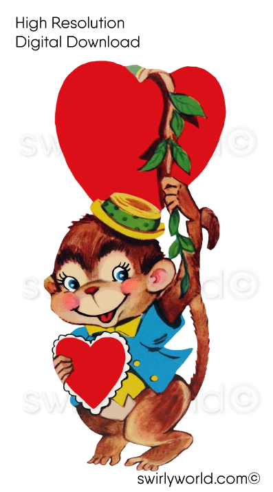 1950s-1960s mid-century vintage Monkey Hanging From Vine With Red Heart Valentine's Day images for digital download. Cute and kitschy retro very RARE Valentine illustrations that have been digitally restored.