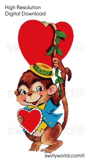 1950s-1960s mid-century vintage Monkey Hanging From Vine With Red Heart Valentine's Day images for digital download. Cute and kitschy retro very RARE Valentine illustrations that have been digitally restored.