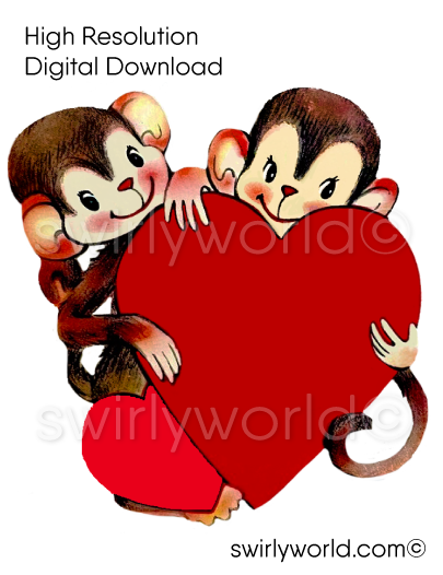 1950s-1960s mid-century vintage Monkeys Holding Red Hearts Valentine's Day images for digital download. Cute and kitschy retro very RARE Valentine illustrations that have been digitally restored.